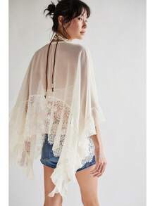 New Women's Mesh Cover-Up Top With Bat Sleeves, Loose-Fitting Beach Sun Protection Shirt With Lace Inserts - White - View 4