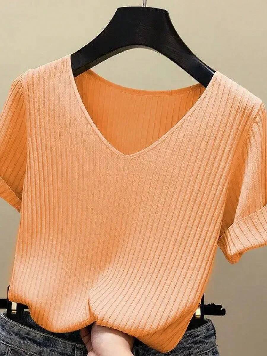 AOSSVIAO 2026 Suéter Básico de Verano para Mujer, Cuello en V, Sólido, Fino, Tejido Acanalado, Manga Corta, Ajustado - Naranja - Ver 1