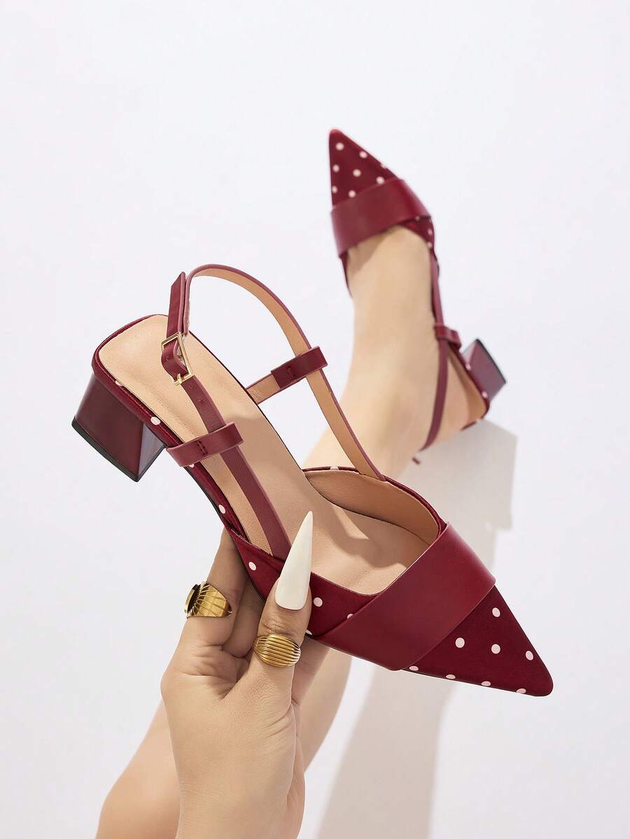 Women's Red & White Polka Dot Pattern Patchwork Pointed Toe Ankle Strap Chunky Heel Slip-On Closed Toe High Heels, Festival, Block Heels, Gathering