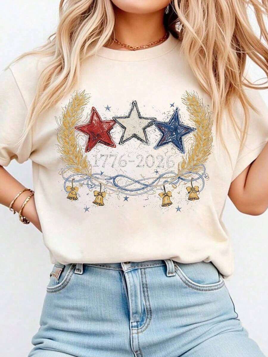 Women's Short-Sleeved T-Shirt With Pentagram, Easter T-Shirt, Machine Washable Without Deformation, Casual And Cool Style, Very Versatile For Everyday Wear, Suitable For Holiday Wear - 杏 - 查看 1