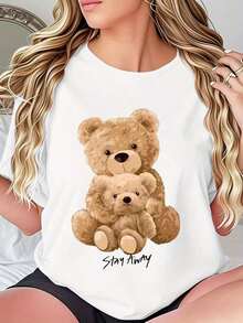 Nueva Camiseta Casual de Verano para Mujer con Estampado de Adorable Oso de Peluche y Gráfico "Stay Awesome" - Tejido Suave y Transpirable, Corte Holgado, Cuello Redondo para Atuendo Casual, Lavable a Máquina, Idea de Regalo Perfecta, Camisetas Lindas, Ropa Cómoda, Diseño Divertido, Material de Elasticidad Media - Camiseta Unisex de Algodón de Manga Corta y Cuello Redondo Estilo Vintage Urbano-Vintage Street Style Unisexoose Cotton Short Sleeve Crew Neck T-Shirt - Blanco - Ver 6
