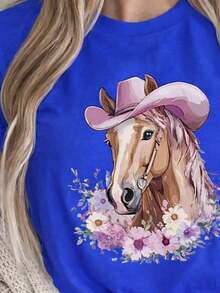 Women's Graphic T-Shirt, Short Sleeve, Round Neck, Basic, Comfortable, Cool, Lightweight, Modern, Youthful Print, Horse, Hat, Cowboy, Cowgirl, Western, Flowers, Floral, Watercolor - 皇家藍 - 查看 3