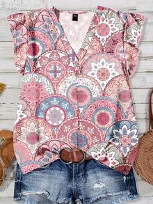 Camisa casual minimalista, bohemia, elegante, romántica, retro con estampado rosa, adecuada para la playa, vacaciones, atuendo de verano para mujer, camisa casual de verano para mujer - Multicolor 5 - Ver 5
