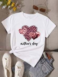 100% cotton Camiseta Casual Blanca de Manga Corta para Mujer con Estampado de Corazón de Leopardo para el Día de la Madre y Cuello Redondo, Corte Regular, - Blanco - Ver 2
