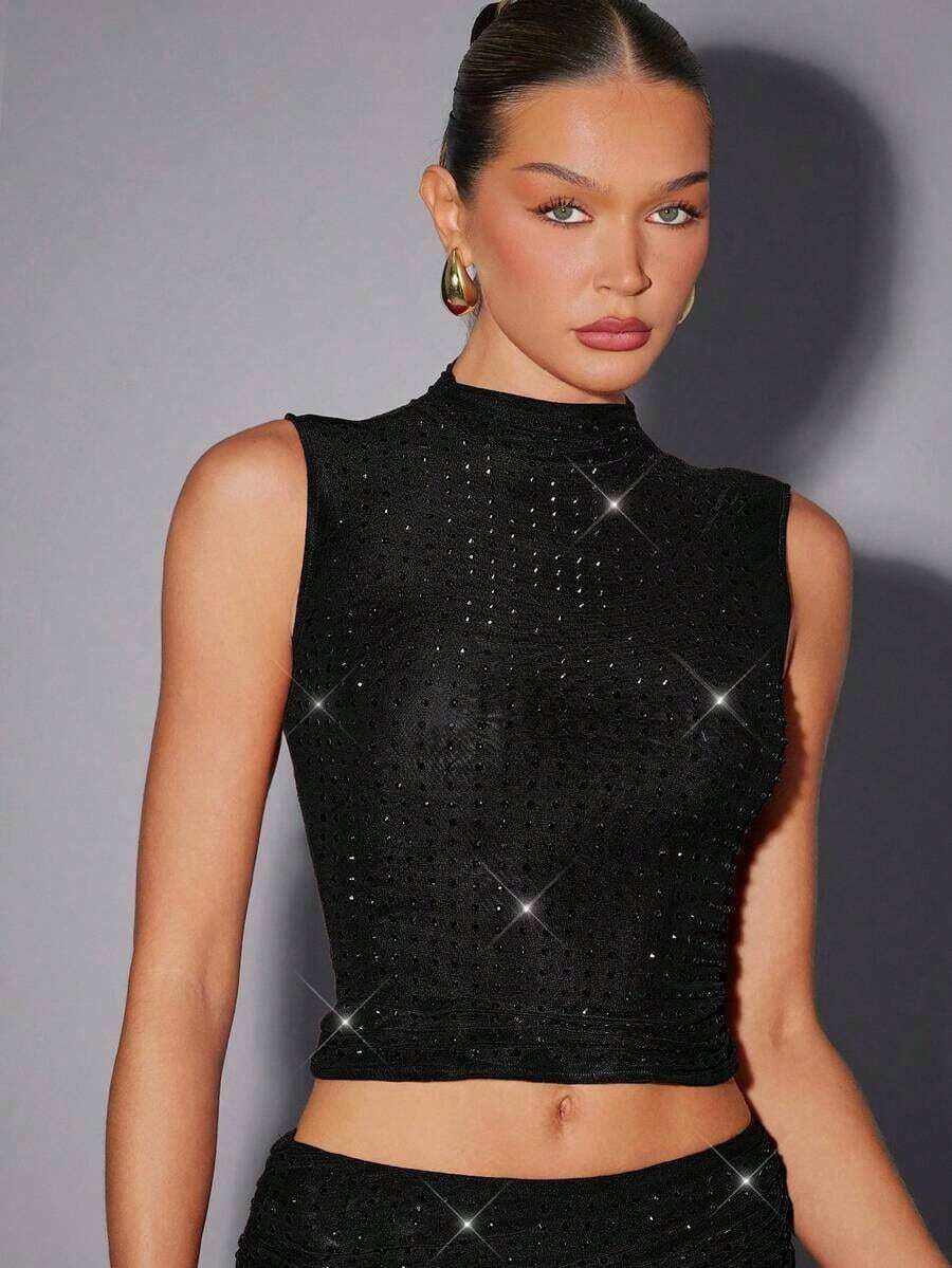 Top de malla con doble capa, cuello alto, color rojo burdeos, con aplicaciones de strass, para fiesta de verano y sexy - Negro - Ver 1
