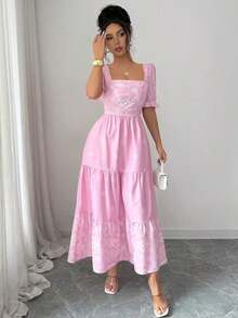 Vestido de línea A con cintura ceñida, cuello cuadrado y estampado, elegante para vacaciones, uso diario, de manga corta - Rosa Pálido - Ver 3
