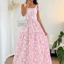 Holidaya French Elegant Pleated Flounce Floral Print Long Dress, Sleeveless V-Neck Ruffled Dress, Summer New Ladies Light Blue Gown Blue And White Floral Dress Long Dress Summer Blue And White Dress Women Women Vacation Dress - Rosa - Ver 8
