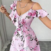 Women's Spring/Summer New Romantic Retro Palace Style Beach Vacation Atmosphere Outfit, Daily Gathering, Date Party, Floral Print, Oblique Collar Ruffle Hem Irregular Hem Design, Long Pink Maxi Dress - Albaricoque - Ver 7