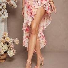 Women's Floral Print Ruffle Trim Asymmetric Hem Elegant Camisole Dress - Negro - Ver 11