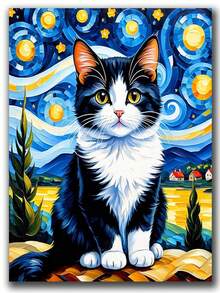 梵高《天蓝色的猫》DIY钻石画套装 - 钻石艺术马赛克工艺品，温馨治愈的艺术设计，沉浸式手工减压，家居装饰艺术DIY工艺爱好者的节日惊喜礼物 - 圓鑽 - 查看 1