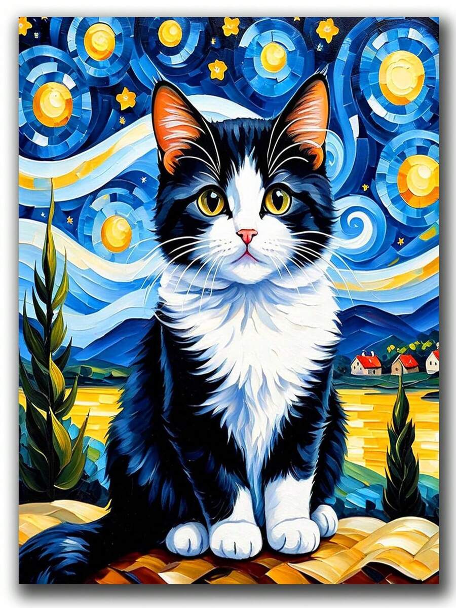 梵高《天蓝色的猫》DIY钻石画套装 - 钻石艺术马赛克工艺品,温馨治愈的艺术设计,沉浸式手工减压,家居装饰艺术DIY工艺爱好者的节日惊喜礼物 - 圓鑽 - 查看 1