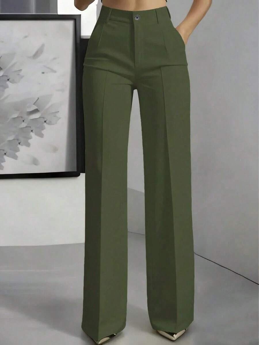 Pantalones rectos de mujer de unicolor con botones y bolsillos con cremallera - Verde militar - Ver 1