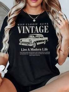 Classic Car Symbolizing Adventure, Exploration And The Search For New Horizons On A Vintage Women's T-Shirt, 100% Cotton, 220g - 黑色 - 查看 1