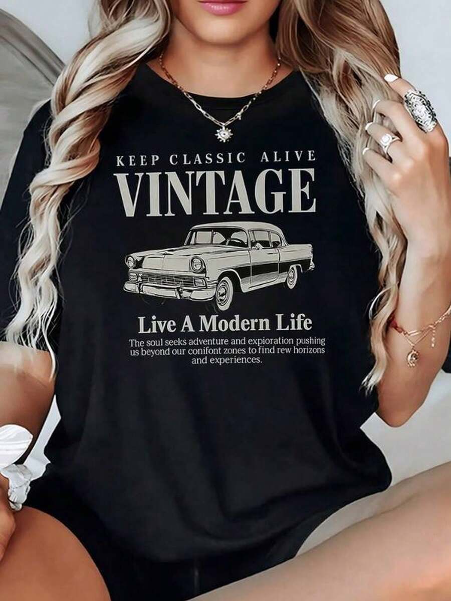 Classic Car Symbolizing Adventure, Exploration And The Search For New Horizons On A Vintage Women's T-Shirt, 100% Cotton, 220g - 黑色 - 查看 1