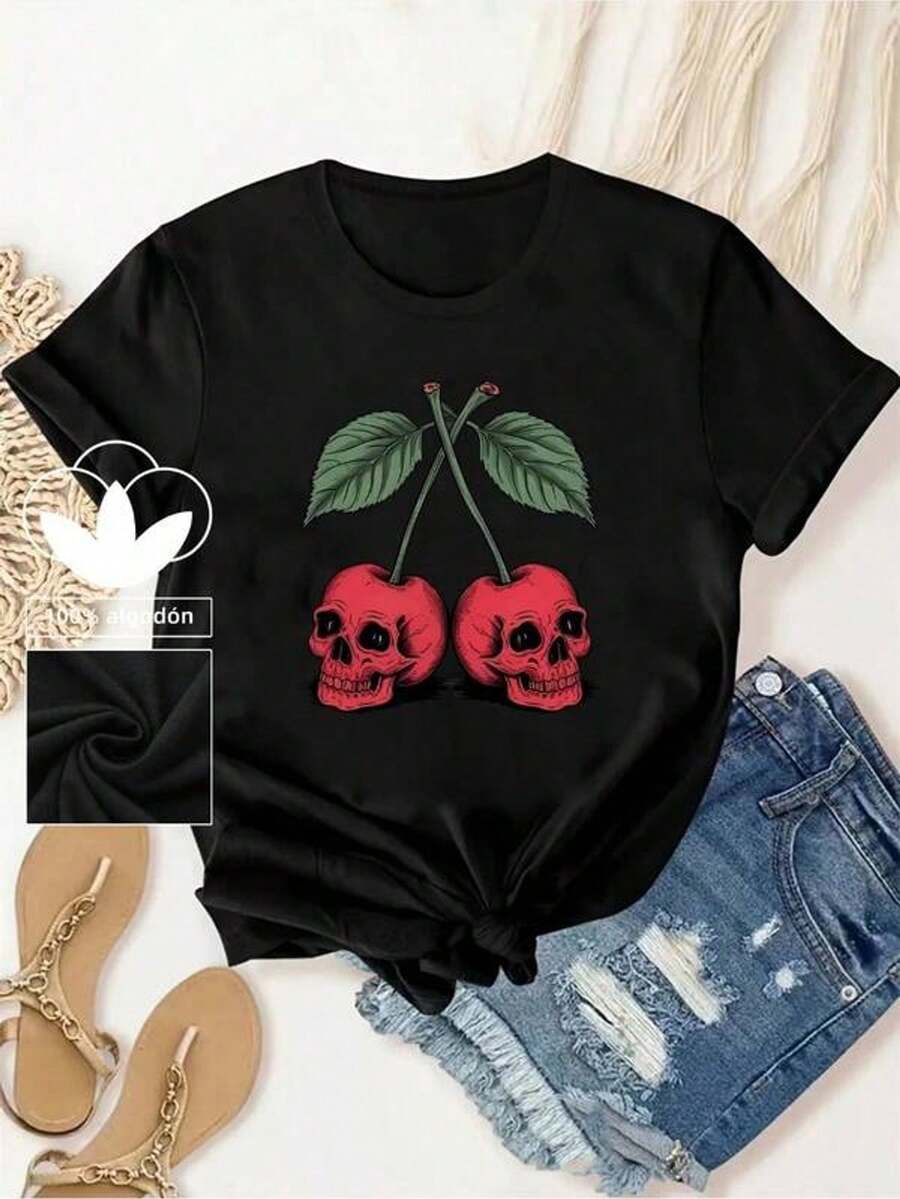 Camiseta gráfica de Halloween para mujer: 100 % algodón suave, transpirable y cómoda, diseño con estampado de calavera y cereza, perfecta para regalos navideños o atuendos divertidos.