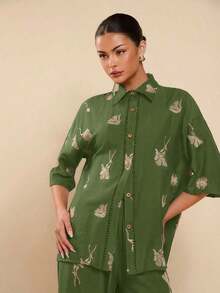 Camisa de lino negra de manga corta con bordado para mujer, camisa bordada casual, camisa negra de manga corta, camisa negra, camisa de vacaciones - Verde - Ver 6