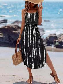 Vestido midi sin mangas con efecto tie-dye, con cintura ajustable y abertura, para el verano - Negro - Ver 1