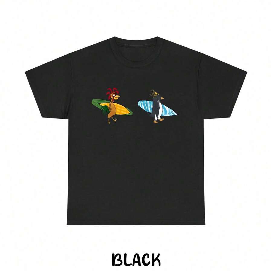 Camiseta Unisex Cody & Chicken Joe Surfs Up, Camisetas con Estampados, Camiseta Divertida, Camiseta de Moda HFSL - Negro - Ver 1