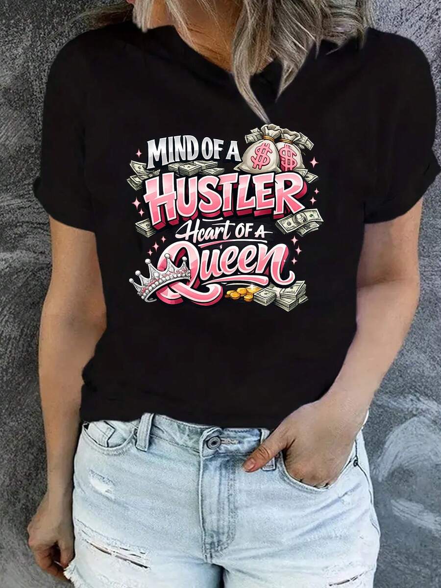 Camiseta gráfica para mujer "Hustler Heart Queen" - Negro/Blanco/Azul/Rojo Vino/Gris, con el eslogan "Mind of a Hustler Queen" y diseño de símbolo de dólar, camiseta de manga corta con cuello redondo, suave y transpirable, unisex, estilo casual urbano, ropa fresca de verano para mujer. - Negro - Ver 1
