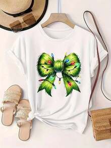 Women's Casual T-Shirt - Short Sleeve, Round Neck, Green Bow Print With Colorful Christmas Lights, Summer Top, Machine Washable, Ladies' T-Shirts, Casual Wear, Modern Style, Comfortable Fit

-White 100% Cotton Durable - 白色 - 查看 2