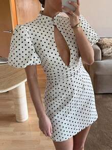 Spring 2026 Dress, High Neck With Polka Dot Lace, Elegant And Modern - White - View 5