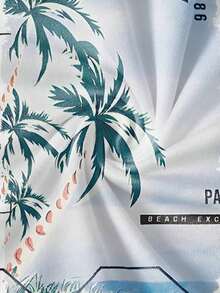 Manfinity RSRT Camiseta de manga corta con cuello redondo, estampado de palmeras y playa, casual para hombre, versátil, para vacaciones - Blanco - Ver 5