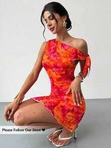 Vestido mini elegante y sexy de flores con hombros descubiertos para vacaciones, vestido de malla floral, vestido con cuello asimétrico, para primavera/verano, atuendo de playa, elegante, sexy, vacaciones, playa, Hawái, cita, fiesta, festival de música, graduación, baile de graduación - Amarillo 3 - Ver 11