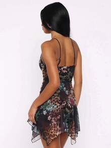 Vestido estampado tirantes cuello V profundo espalda descubierta ajustado estilo sensual elegante para mujer verano europeo - Negro - Ver 7