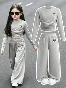 Young Girl Heart Print Long Sleeve Top And Loose Long Pants - Grey - View 1