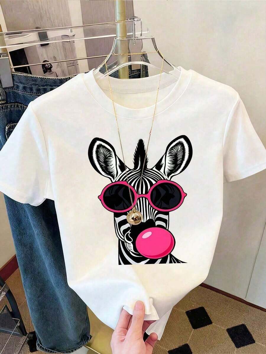Camiseta de cuello redondo elástica con estampado de cebra de talla grande - Blanco - Ver 1