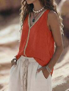 Top de mujer de cuello en V, casual, cómodo, de vacaciones, de campo, relajado, de textura suave - Naranja - Ver 5