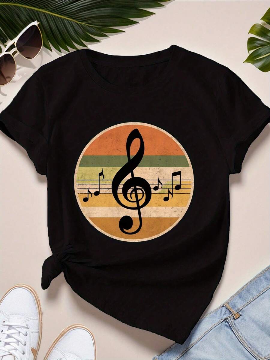 úsica negra clave de sol camiseta cómoda para mujer - Negro - Ver 1