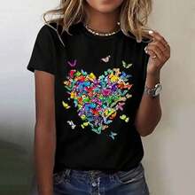 Women's Short-Sleeved T-Shirt With A Simple And Versatile Design, Black Color, With Butterfly Print, Round Neck, Fashionable Top, Light And Soft Summer Clothing, Casual, Short-Sleeved Cotton T-Shirt For Women. - 黑色 - 查看 6