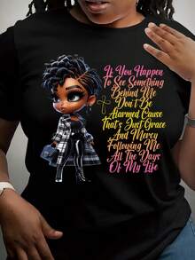 Soft Blend, Breathable Fabric Plus Size Cartoon Character Graphic Tee - Round Neck & Short Sleeve - Inspirational Letter Print, Machine Washable - Perfect For Casual Outings & Casual Attire, Casual Wear Tee | Round Neck Tshirt | Cute Shirts - 黑色 - 查看 1