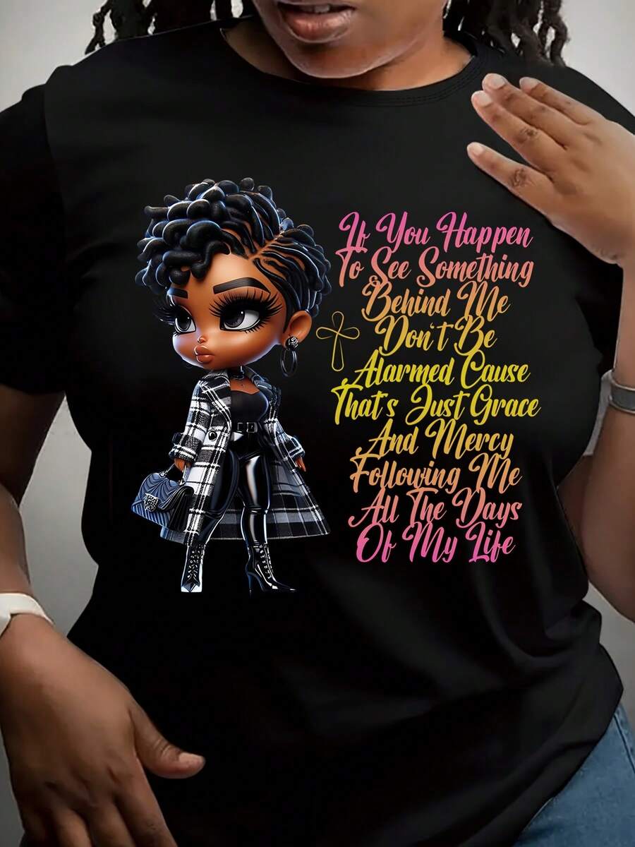Soft Blend, Breathable Fabric Plus Size Cartoon Character Graphic Tee - Round Neck & Short Sleeve - Inspirational Letter Print, Machine Washable - Perfect For Casual Outings & Casual Attire, Casual Wear Tee | Round Neck Tshirt | Cute Shirts - 黑色 - 查看 1
