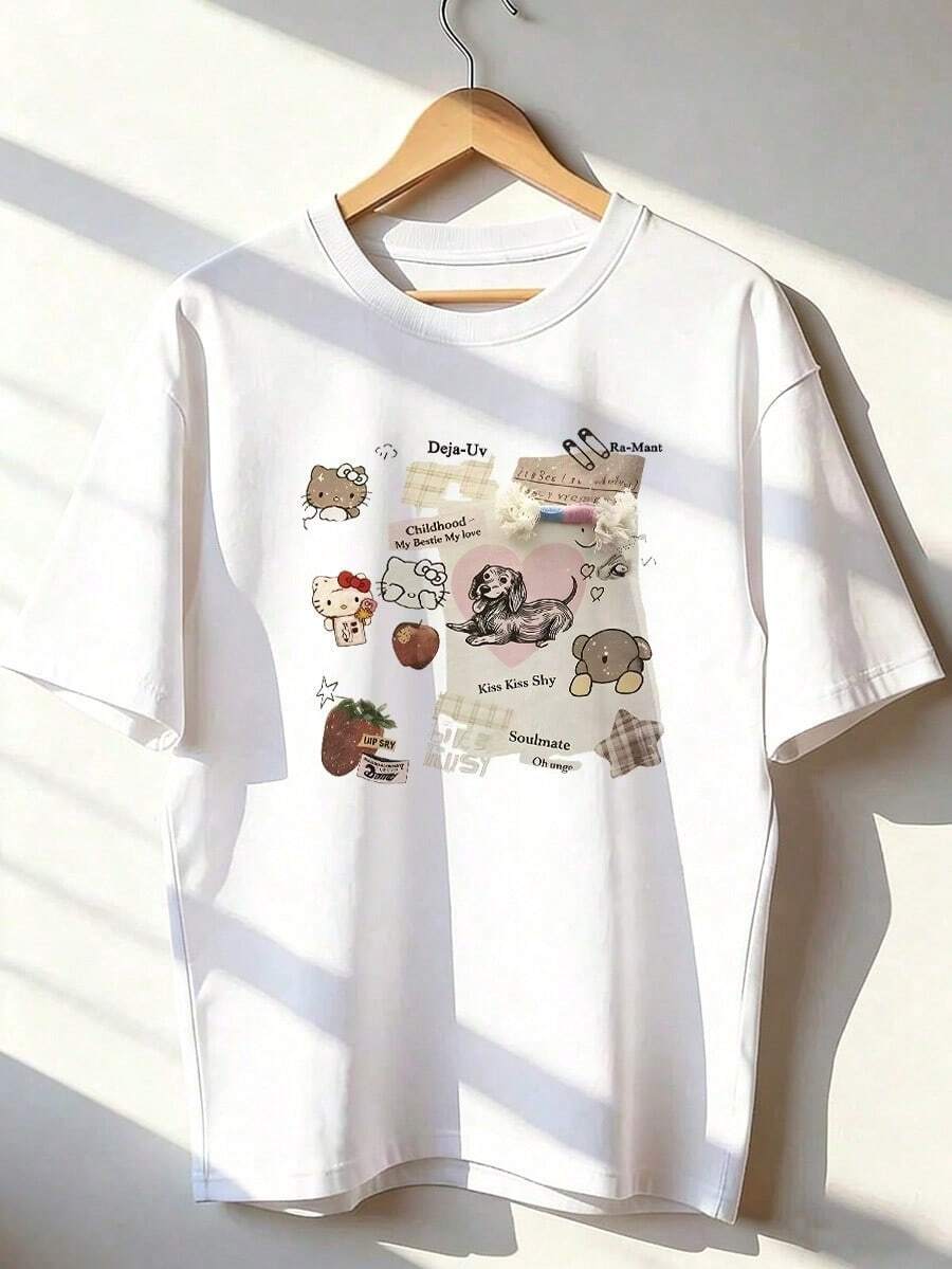Cute Character Collage T-Shirt With Scrapbook Elements, Short-Sleeve T-Shirt For Spring/Summer 2026, Made In Mexico, 180 Grams. Cartoon Print, Couple Design, Suitable For Indoor Or Outdoor Wear. Crew Neck, Unisex, Ideal For Office And Leisure. One-Pack. - WH-P631577SLNDXZGY506 - 查看 1