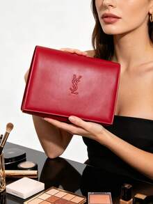 Yves Saint Laurent 紅色絎縫皮革化妝包，內置大尺寸化妝鏡，金色拉鍊雙層化妝收納包，便攜旅行盥洗包，適合送給女友的高端奢華禮物 - 紅色 - 查看 8