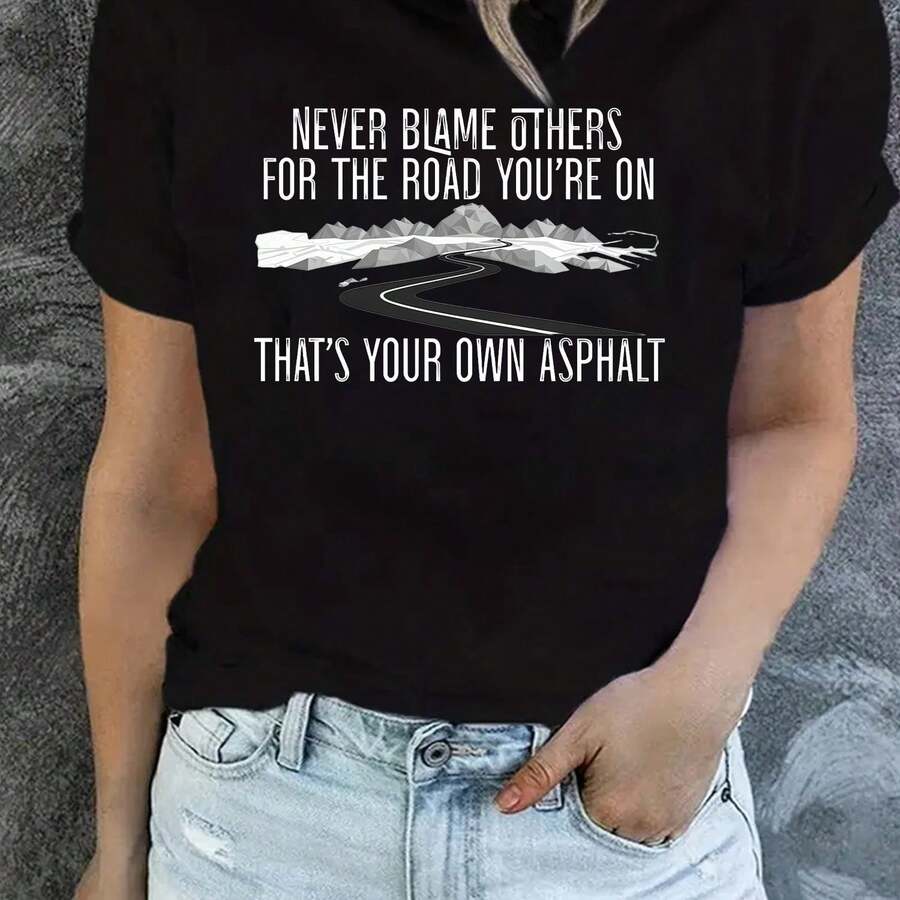 Women's White Short-Sleeved Crew Neck T-Shirt | Inspirational "Never Blame Others" Print, Casual Standard Fit, Machine Washable, Perfect For Everyday Wear And Gifting, Stylish And Breathable Top, Everyday Print Shirt - 黑色 - 查看 1