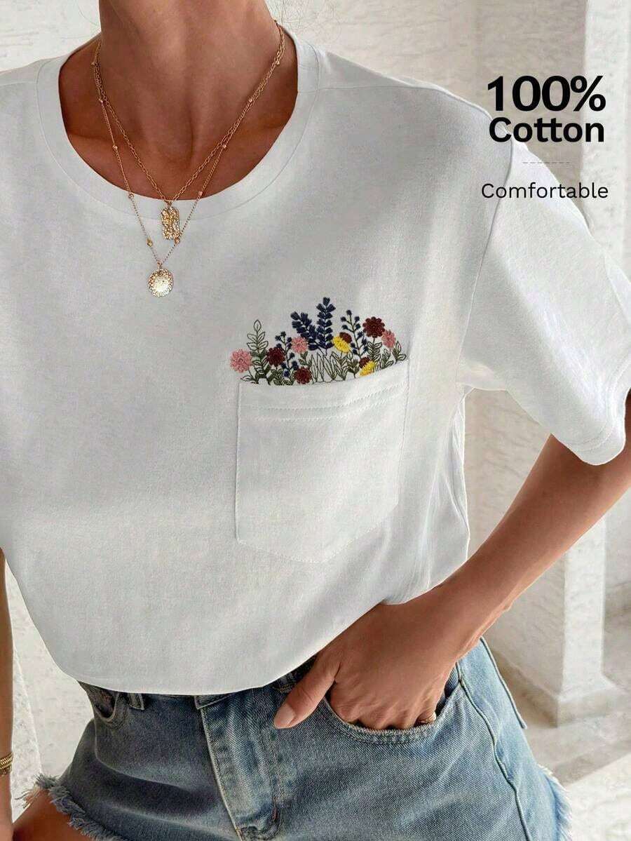 Y2K Style, Fashionable Style, 2026 Newest, Cute Style, Casual Style. Women's Casual Summer Short-Sleeved T-Shirt With Floral Embroidery 180g (S-XXXL) - 白色的 - 查看 1