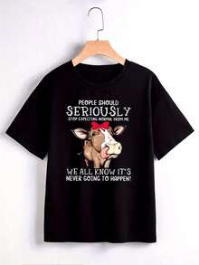 Short Sleeve T-Shirt With Cow Print - Smiling Cow And Letters With Ears, Round Neck Summer Blouse, Machine Washable Casual Top, Casual And Themed Outfits (No-) - In Stock, Immediate Shipping - 黑色 - 查看 2