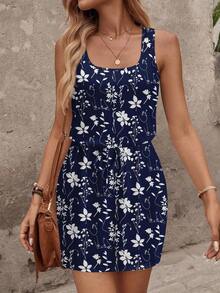 Vestido corto casual de mujer con estampado de rayas de contraste, adecuado para vestido de vacaciones de primavera/verano, vestido elegante para salir, casual - Azul y blanco - Ver 4