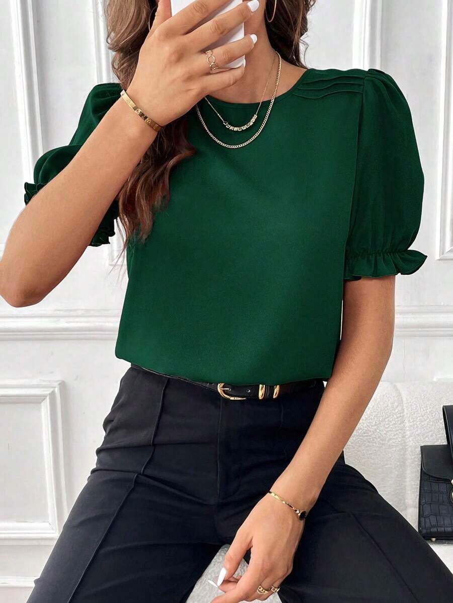 Blusa con mangas abullonadas, blusas de manga corta - Verde Oscuro - Ver 1