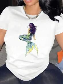 Women's Casual Short Sleeve Sports T-Shirt - Sparkling Mermaid Print, Elastic Crew Neck Design, Machine Washable For All Seasons Comfort, Medium Fit, Fun And Fashionable. - Putih - View 6