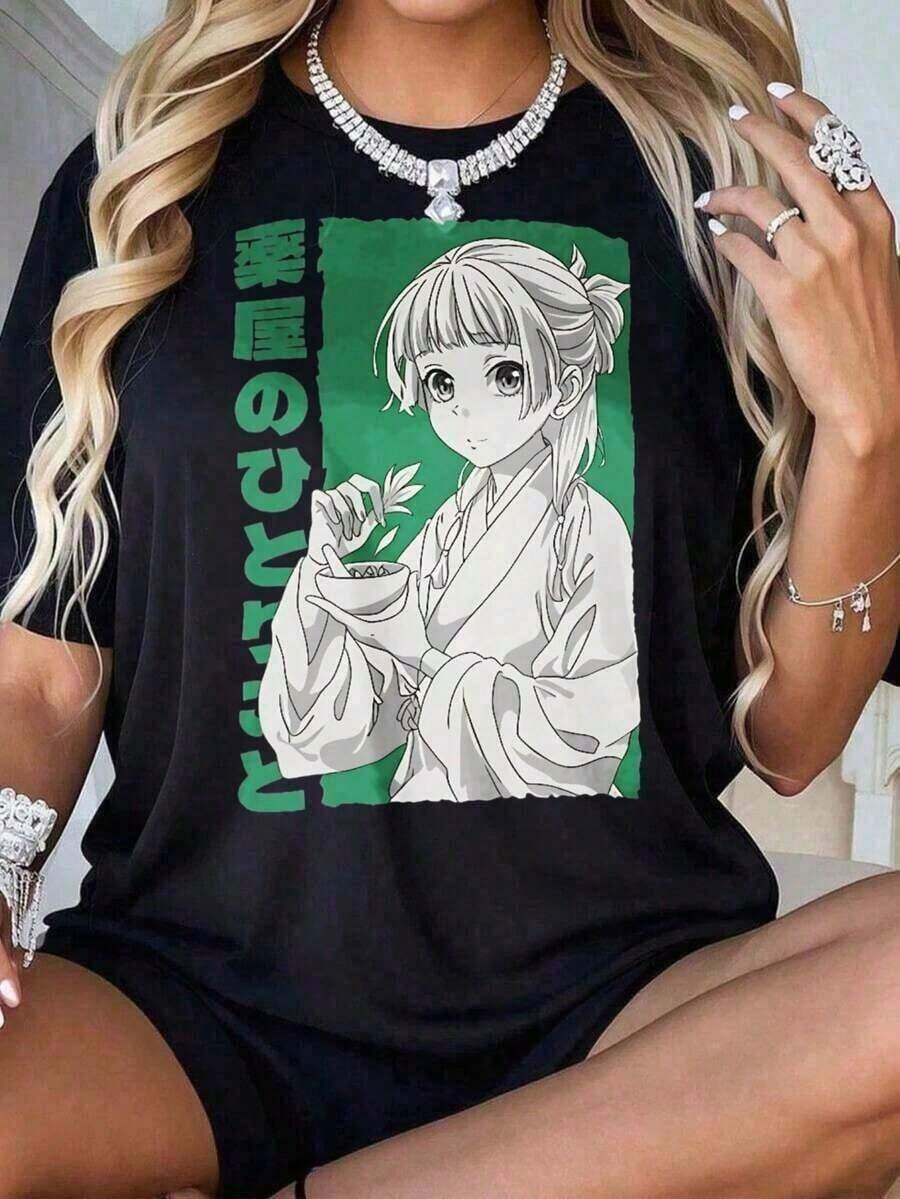 Camiseta con Estampado de Chica Anime Unisex, Talla Grande, Diseño Gráfico con Personaje Rosa, Corte Holgado Casual para Mujeres y Hombres, 100% Algodón, Adecuada para Uso Casual Versátil en Primavera, Verano y Otoño. - Negro-12 - Ver 1
