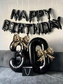 2pcs 40-Inch Black 0-9 Number Foil Balloons, Leopard Print Bow Shaped Balloons, Suitable For Birthday Party, Anniversary Decoration - Black Suit - View 5