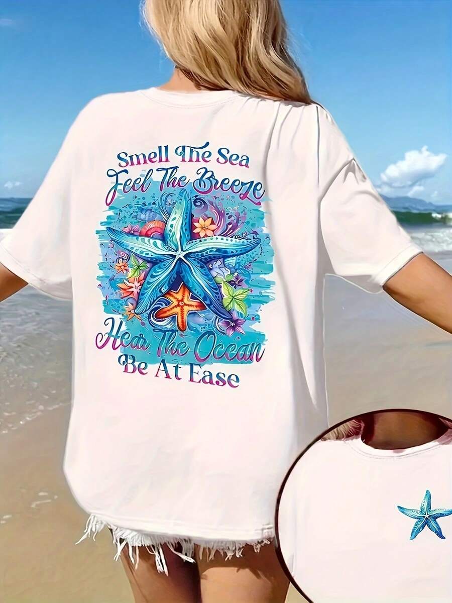 Women's Casual Pure Cotton Short Sleeve T-Shirt - Star And Letter Print Design On The Front And Back, Lightweight Crew Neck Top For Summer, Machine Washable, Spring And Summer Fashion Essential, Loose And Comfortable T-Shirt With A Beachy Feel. YKIY - 白色 - 查看 1