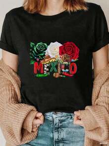 Women's Short Sleeve Blouse, One Piece, Beautiful Blouses For Women, Women's Clothing Sets, Mexico Image, 180G T-Shirt, Black And White, Floral Print, High Quality, Round Neck, Basic Fit, Loose, Breathable, Versatile, Machine Washable, Comfortable, Size S-3XL, Daily, Casual, Sporty, Summer Essential. Leisure - 黑色 - 查看 2