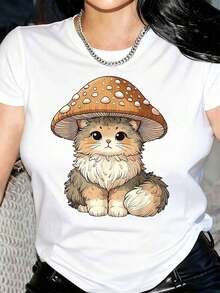 New Arrivals For Summer. 1 Piece Of Women's Casual Short-Sleeve T-Shirt - Cartoon Cat And Mushroom Hat Print, Round Neck T-Shirt In Vibrant Red, Soft And Breathable Fabric, Machine Washable For Casual Outfits, Fun Print T-Shirt For All Seasons, Machine Washable. - 白色 - 查看 10