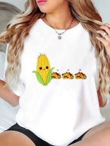 Women's T-Shirt With Corn And Taco Print, White, Round Neck And Short Sleeve, Suitable For All Seasons, Machine Washable, Ideal For Urban Combinations, Daily Wear, Casual Meetings, Women's Tops. - 白色 - 查看 8