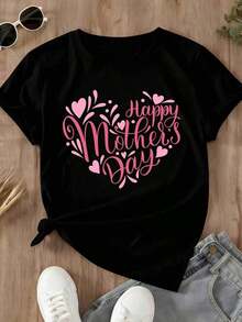 Women's Heart Print T-Shirt For Mother's Day, Round Neck, Casual Everyday Wear - Urban Vintage Style, Unisex, Cotton, Short Sleeve, Round Neck - 黑色 - 查看 2